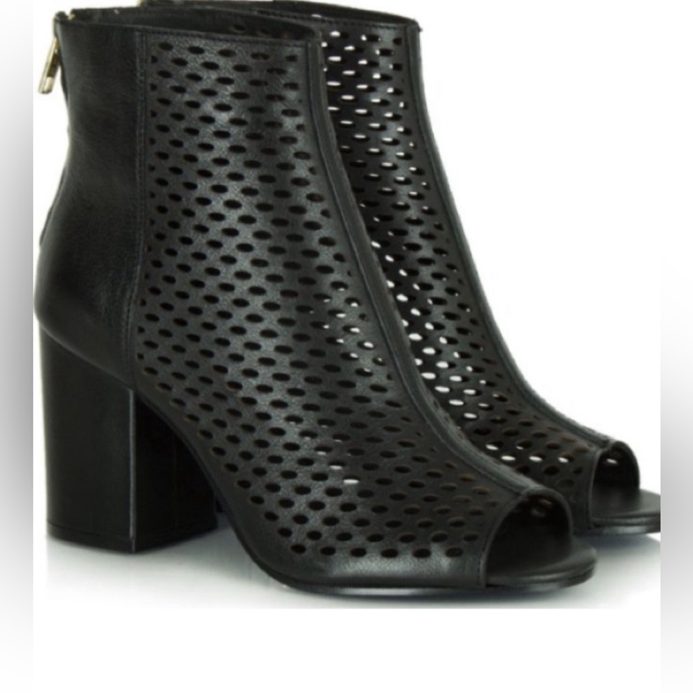 ASH Fancy Biscuit Peep Toe Ankle Boot Black Leather Sz 37 Perforated Heel Bootie